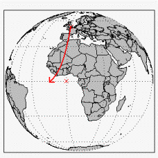 earth centered on africa with red arrow starting in great britain descending towards the equator and curving towards the west
