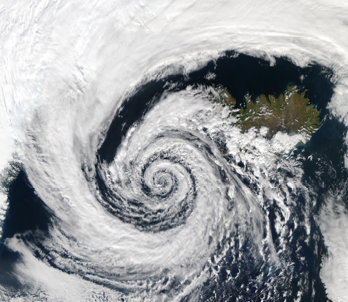 Beautifully formed low-pressure system swirling off the southwestern coast of Iceland. Because this low-pressure system occurred in the Northern Hemisphere, the winds spun in toward the center of the low-pressure system in a counter-clockwise direction.

The Aqua MODIS instrument took the image on September 4, 2003.
