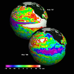 two earth images centered on the tropical pacific, description follows