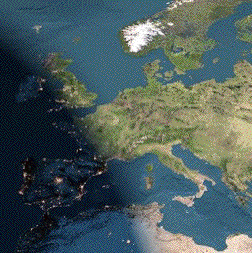 The sun rises over Europe and 
Northern Africa.
