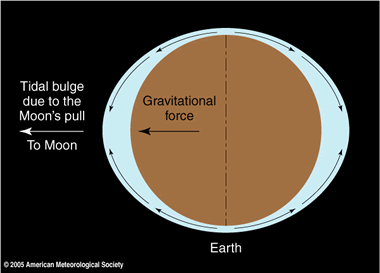 image showing bulge of tides in at earth's surface in the direction of Moon's pull