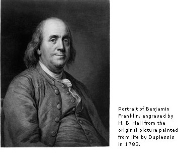 portrait of Benjamin Franklin, engraved by H. B. Hall from the orginal picture painted from life by Duplessis in 1783.