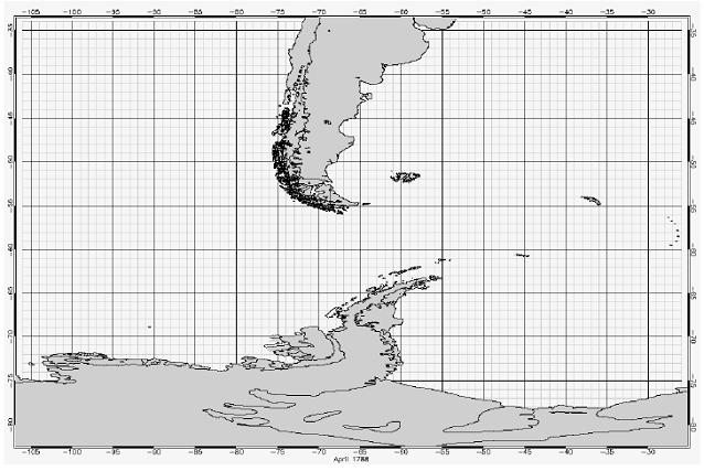 Map with southern tip of south america and antarctica.
